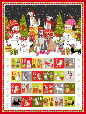 Animated dogs at christmas in snow counting to 25 calendar in colours of red white black green grey yellow lime polka dots falling snow stars on a black and white background M23681 2GZ
