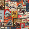 Retro motorbike motorcycle collage worn overlayed posters vintage warm colours red cream mustard brown blue  1060/774A