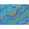 vibrant blue green yellows painted indigenous Australian Aboriginal dot painting depicting hunting with lizards rivers HMBL