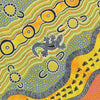 Indigenous art blue river black, white geometric banks black white footsteps green dots orange dots lizard Mulaka Hunting Blue MHY