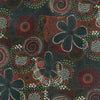 Traditional Aboriginal dot painting forming circles, flowers in Red, Ochre, Brown, black and white