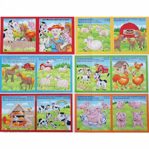 Farmer MacDonald on his farm, follow the story of the Cows, Sheep, Horses, Chickens and pigs with the children, grandies, grandchildren, featuring bright colours of red, orange, pink, white, black, blue, green