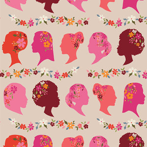 Silhouette heads with flowers in colours of pink, salmon, burgundy , Apricot and flowers around the crown of the head