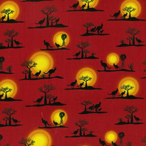 Sunset depicted on an Orange Red background with an Orange Sun silhouetted with  Boab Trees, Kanagroo's and Windmill's - Whispers of the Valley Fabric