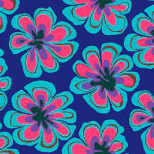 Bright Blue background with large flowers in Teal fuchsia pink outlined in black PWBM011-Indigo