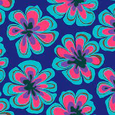 Bright Blue background with large flowers in Teal fuchsia pink outlined in black PWBM011-Indigo