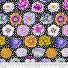Magenta green gold mustard white blue grey purple flowers on black with white polka dots fabric    PWGP091-BLACK