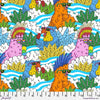 animated cockatoo coloured pink orange blue in a background of blue white waves with green yellow blue tail feathers wearing sunglasses PWMU004-xMulti