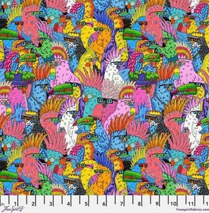 Densely populated psychedelic cartoon birds brightly coloured galahs cockatoos toucans kookaburras wearing sunglasses and hats orange yellow green blue purple pink red black white  PWMU008-XMULTI 