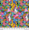 Densely populated psychedelic cartoon birds brightly coloured galahs cockatoos toucans kookaburras wearing sunglasses and hats orange yellow green blue purple pink red black white  PWMU008-XMULTI 