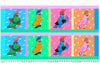Bright cockatoos wearing sunglasses blue pink eating softserve orange blue skate boarding blue red surfing roller skating pink yellow green blue 3 scoop ice cream blue green pink orange yellow background tiles sashing clouds stars lightning bolts PWMU009-XPANEL 
