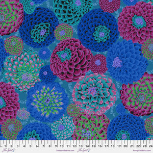 Life like blue tonings, pink green magenta teal black chrysanthemums printed on fabric    PWPJ114.BLUE