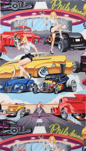 scene depicting drive in movies hot rod cars in yellow orange blue black purple racing in clouds of tyre smoke with roller skating girls in hot pants 6767AR MF1001