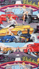 scene depicting drive in movies hot rod cars in yellow orange blue black purple racing in clouds of tyre smoke with roller skating girls in hot pants 6767AR MF1001