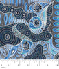 Aborginial Dreamtime Dot Painting depicting regeneration of flora and plants after Bushfires in colours Blue, Black, White, Green, Aqua
