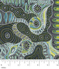 Aborginial Dreamtime Dot Painting depicting regeneration of flora and plants after Bushfires in colours Blue, Yellow, Green, Black, White, Blue Grey