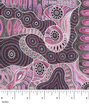 Aborginial Dreamtime Dot Painting depicting regeneration of flora and plants after Bushfires in colours Pink, Purple, Black, White