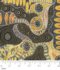 Aborginial Dreamtime Dot Painting depicting regeneration of flora and plants after Bushfires in colours Yellow, Orange, Brown, Black, Tan, White, Ochra
