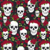 White smiling skulls adorned with red roses green leaves foliage on black background 80910.101 SKULL DUGGERY Black/Red