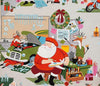 Christmas scene depicting santa in his workshop garage with his reindeer working on cars bikes sleighs surrounded with tools gingerbread men coffee snacks presents calendars Christmas trees in colours of green red white pink yellow blue brown white  8954A