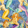 Mermaids with bright fish tails in colours of pink, yellow, green on blue background - Alexander Henry