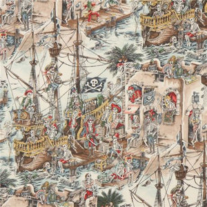 Skelewag fabric featuring pirate depectied in skeleton form ship docked at shore palm trees flag  colour brown red blue green yellow pink
