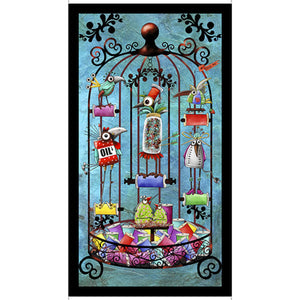 Bird cage full of sewing notions shaped like birds iron cotton reels oil buttons purses colours of green red pink teal yellow black pink red on a background of teal 29392-B