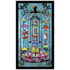 Bird cage full of sewing notions shaped like birds iron cotton reels oil buttons purses colours of green red pink teal yellow black pink red on a background of teal 29392-B