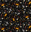 Scattered garage tools in brown, yellow, red, grey on a black background featuring  Hammers, wrenches, spanners, screwdrivers, tape measures, nuts, bolts, gloves  - TTC8939