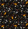 Scattered garage tools in brown, yellow, red, grey on a black background featuring  Hammers, wrenches, spanners, screwdrivers, tape measures, nuts, bolts, gloves  - TTC8939