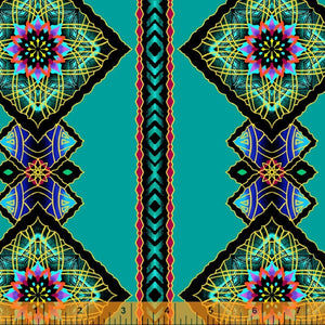 Mandala like effect in a square of gold etched trim on Teal Cotton with metallic background featuring Purples, Teal Greens fuchsia pink, cobalt blue  and orange Talisman Teal Cotton with metallic - 52681M-3