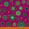 Mandala like effect in shape of stars Circles within circles gold etched trim Magenta Cotton with metallic background featuring Purples, Teal Greens fuchsia pink, cobalt blue and orange Talismans - 52682M-5