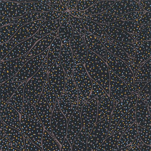 Picture depicts Seeds fallen on the ground with a black background, seeds represented by yellow, brown, white Grey colouring,  Aboriginal Dot Painting and Dreamtime Storytelling - Whispers of the Valley Fabrics 