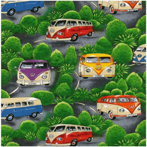 animated VW Combi Vehicles in traditional colours of red orange blue purple and cream on a background of green trees and road grey tonings  87020.101