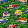 animated VW Combi Vehicles in traditional colours of red orange blue purple and cream on a background of green trees and road grey tonings  87020.101