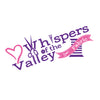 Whispers of the Valley Fabric - Logo - Pink heart Purple writing. scissors, needles, ribbon, tape measures, spools used for letters