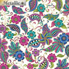 Paisley Metallic print on white fabric featuring flowing flowers leaves in colours of pink blue green teal purple etched with gold 2020.0709