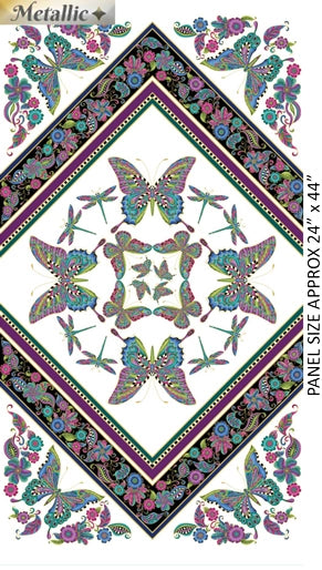 Panel featuring Butterflies etched with gold in colours of Green Teal Purple Pink Blue Yellow on White Background framed in a square of black border 2020.0509