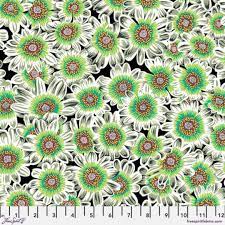 brilliant white flowers around a lime green centre with yellow brown centres on a black background PWPJ112-White