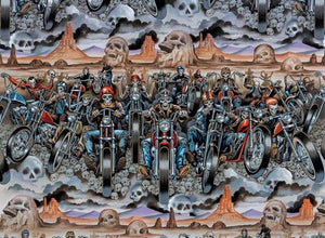 Ape handled motor bikes with skeletons dressed in maroon brown black teal jeans vests helmets goggles on background of skulls forming pyramids grey dust with skull blowing sky of dark grey clouds  - Riders of the Storm Fabric 8990A
